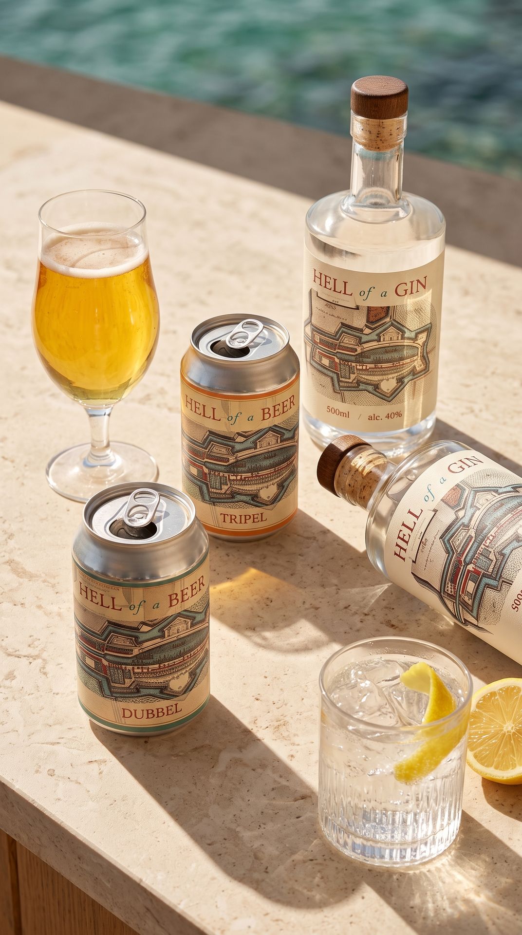 Het complete eigen assortiment van La Bouteille: één fles gin en zes unieke speciaalbieren.