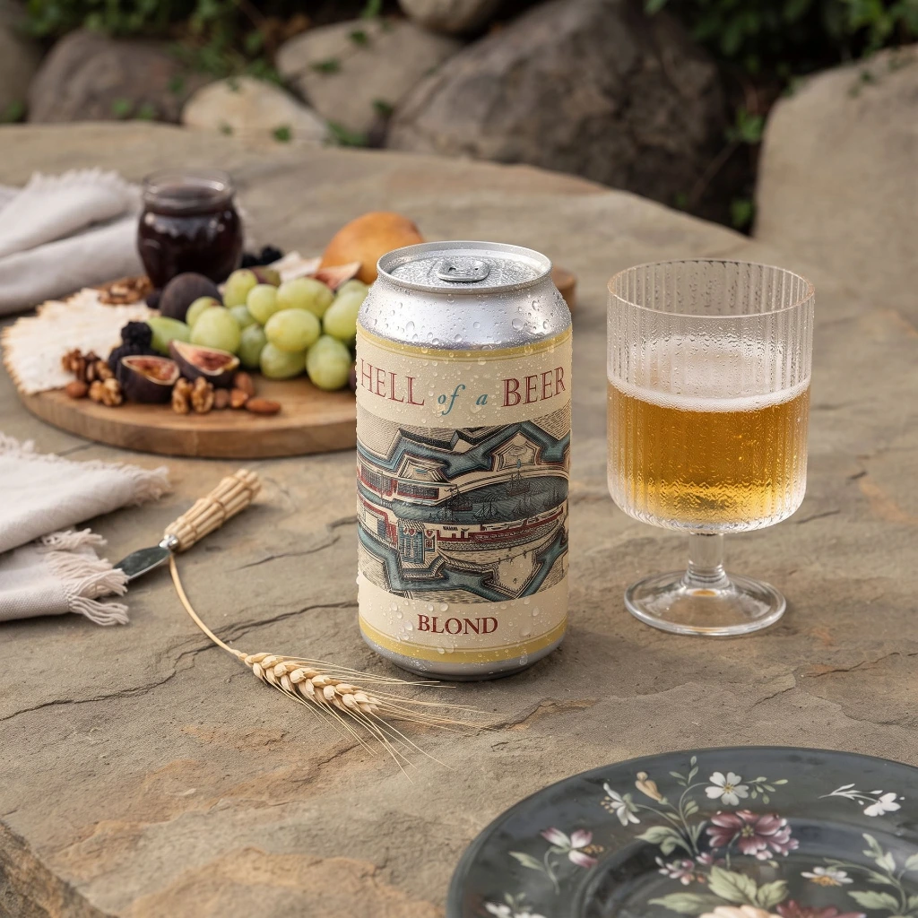 Verfrissend Hell of a Beer speciaalbier met een glas op het strand bij zonsondergang.